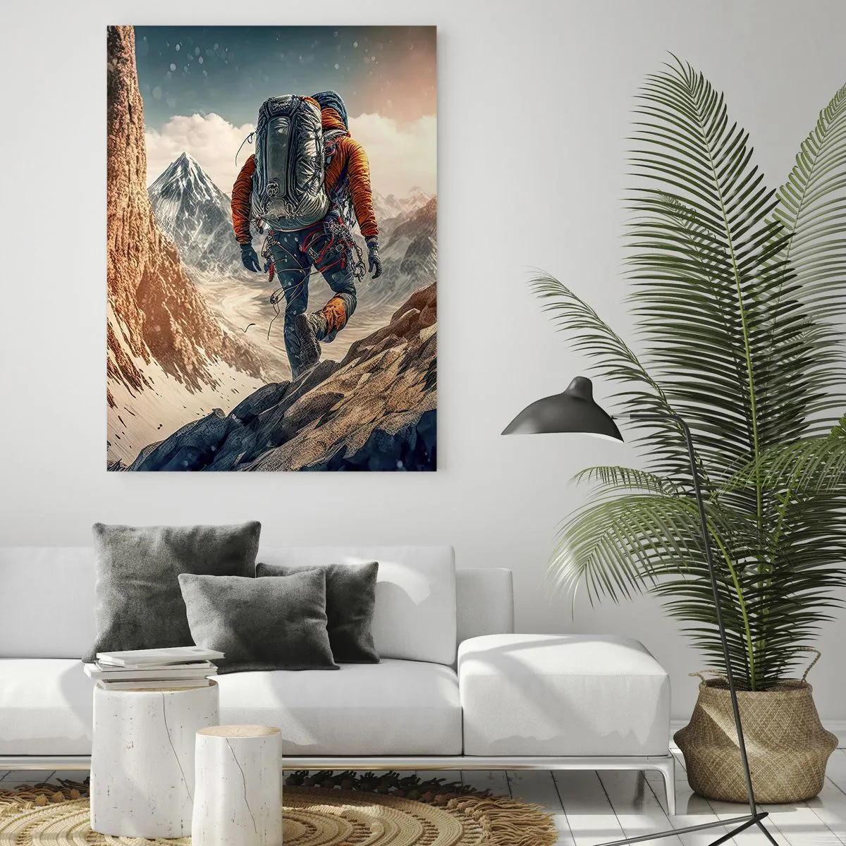 Glasbild - Bild auf glas - Ein Wanderer erklimmt einen felsigen, schneebedeckten Berghang - 50x70cm - Einsamer Krieger - Moderne Wanddekoration für Wohnzimmer und Schlafzimmer ARTTOR