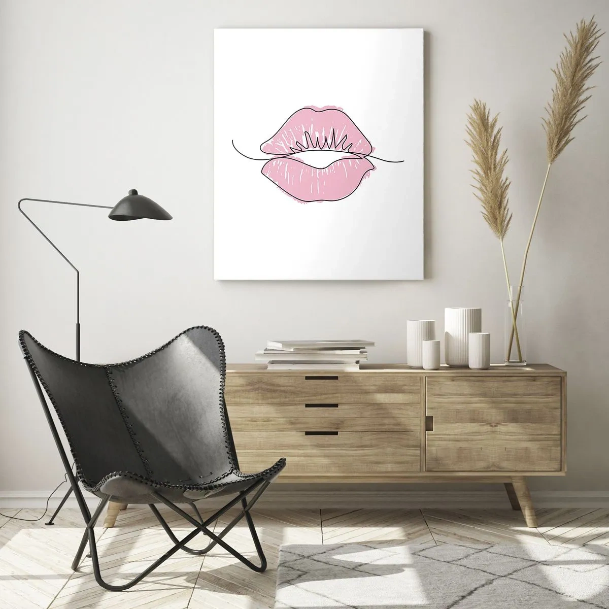 Glasbild - Bild auf glas - Minimalistische Lippenzeichnung in einem Rosaton - 80x120cm - Bereit zum Küssen? - Moderne Wanddekoration für Wohnzimmer und Schlafzimmer ARTTOR