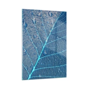 Glasbild - Bild auf glas - Makrofotografie eines Blattes mit Wassertropfen in Blautönen - 50x70cm - Leben in Blau - Moderne Wanddekoration für Wohnzimmer und Schlafzimmer ARTTOR