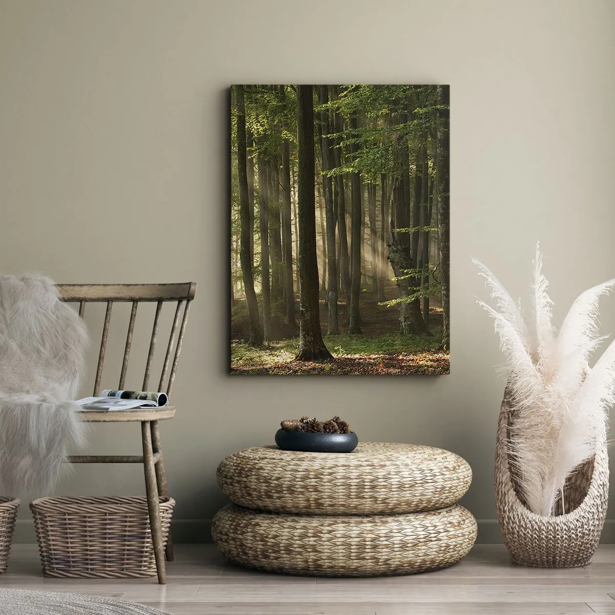 Bild auf Leinwand - Leinwandbild - Sonnenstrahlen dringen durch die Bäume im Wald - 50x70cm - Strahlend an einem Frühlingsmorgen - Moderne Wanddekoration für Wohnzimmer und Schlafzimmer ARTTOR
