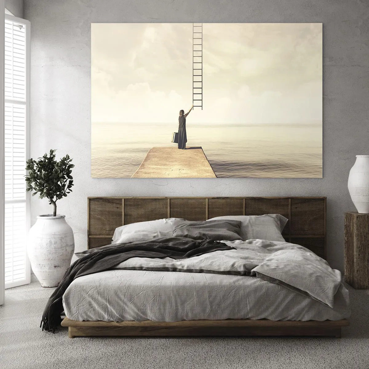 Glasbild - Bild auf glas - Frau auf einem Pier mit einer Leiter, die in den Himmel führt - 120x80cm - Eine magische Reise - Moderne Wanddekoration für Wohnzimmer und Schlafzimmer ARTTOR