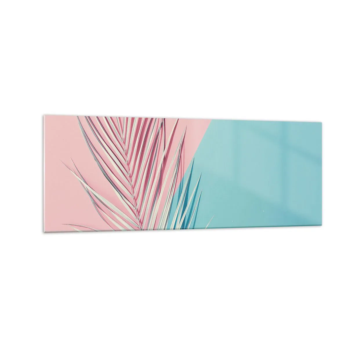 Glasbild - Bild auf glas - Tropisches Blatt vor einem Hintergrund in Pastelltönen von Rosa und Blau - 140x50cm - Tropischer Eindruck - Moderne Wanddekoration für Wohnzimmer und Schlafzimmer ARTTOR