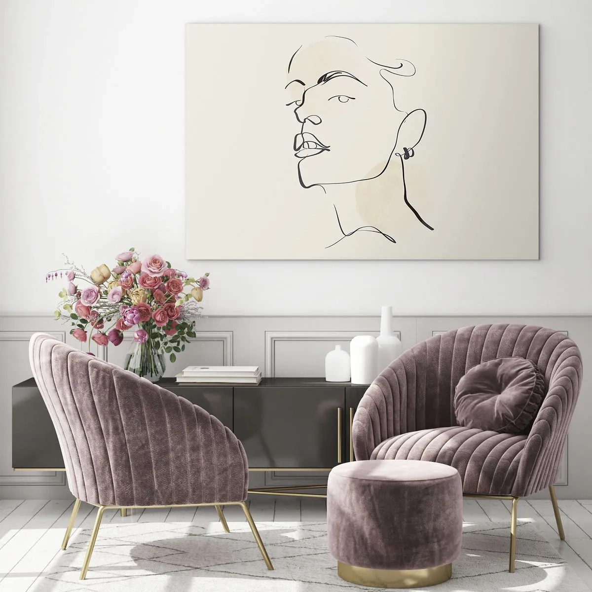 Glasbild - Bild auf glas - Porträt einer Frau in minimalistischen Linien auf hellem Hintergrund - 70x50cm - Ein stolzer Blick - Moderne Wanddekoration für Wohnzimmer und Schlafzimmer ARTTOR