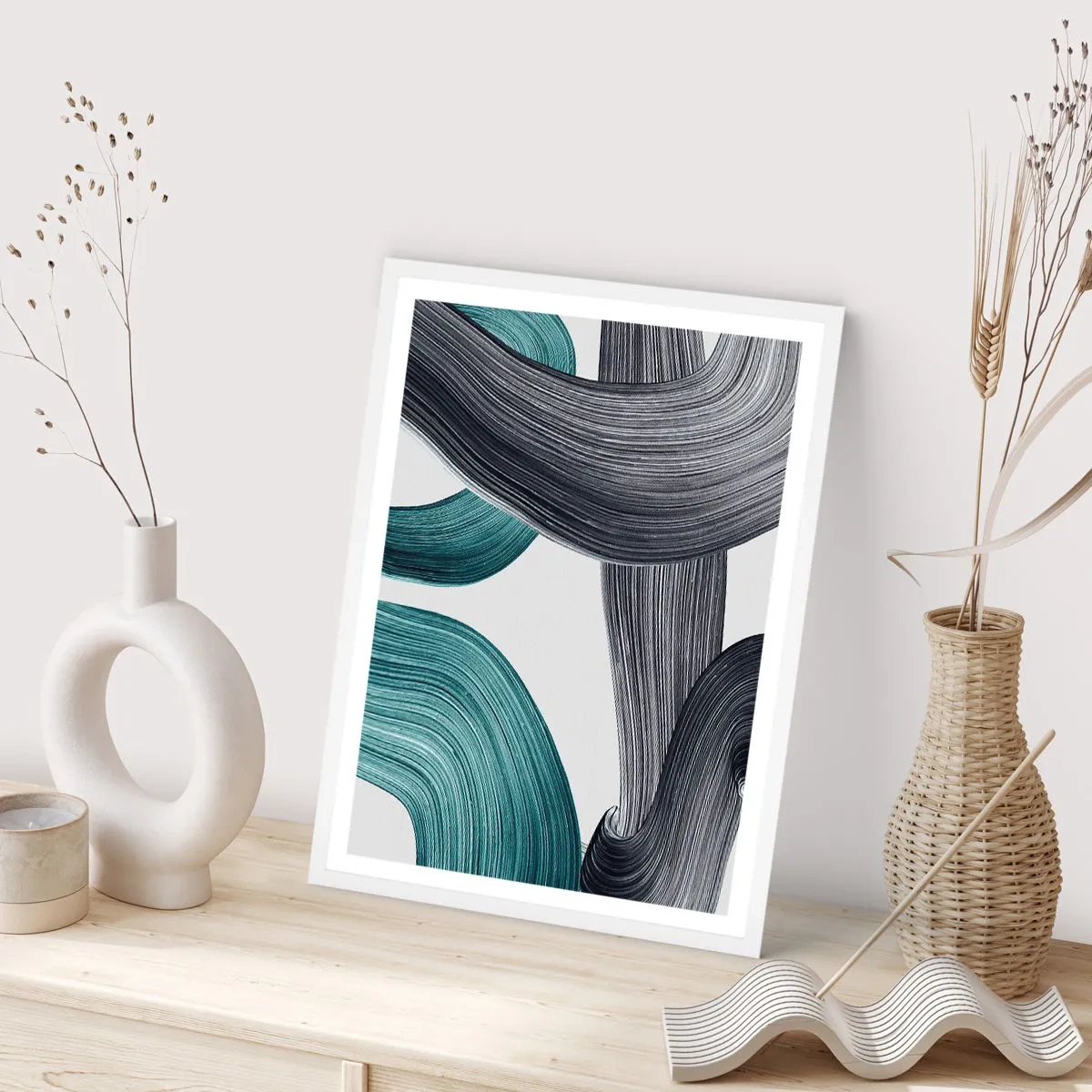 Poster in einem weißen Rahmen - Smaragdgrüne und schwarze Pfade - 30x40 cm