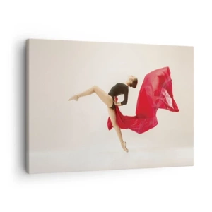 Bild auf Leinwand - Leinwandbild - Eine dynamische Tänzerin in schwarzem Outfit und rotem Stoff in Bewegung. - 70x50cm - Rot und Schwarz - Moderne Wanddekoration für Wohnzimmer und Schlafzimmer ARTTOR