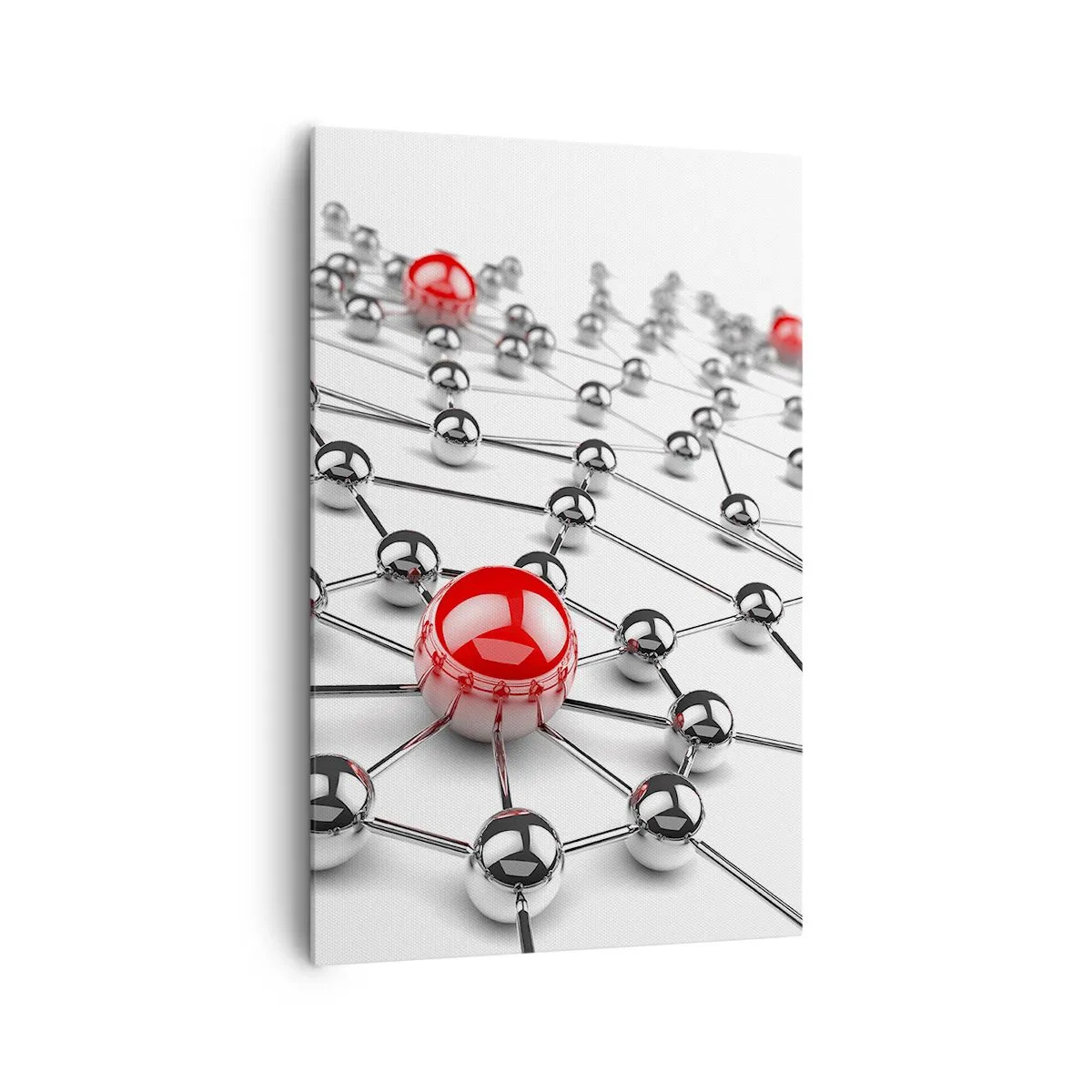 Bild auf Leinwand - Leinwandbild - Ein Netzwerk aus metallischen Kugeln mit roten Akzenten - 80x120cm - Silbriges Netz - Moderne Wanddekoration für Wohnzimmer und Schlafzimmer ARTTOR