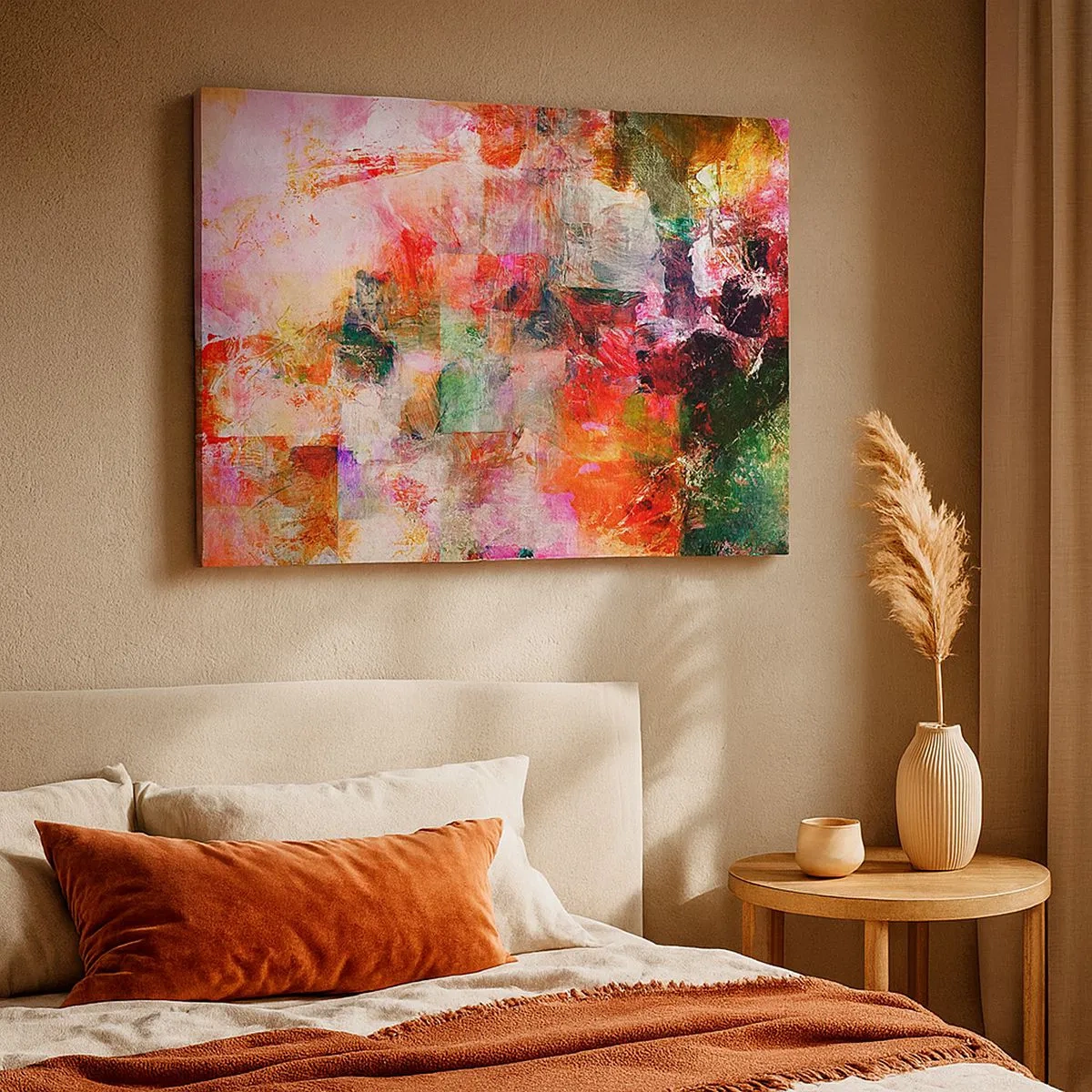 Bild auf Leinwand - Leinwandbild - Eine abstrakte Komposition mit dominanten Rosa- und Rottönen. - 70x50cm - Eine Reise durch die Rosen - Moderne Wanddekoration für Wohnzimmer und Schlafzimmer ARTTOR