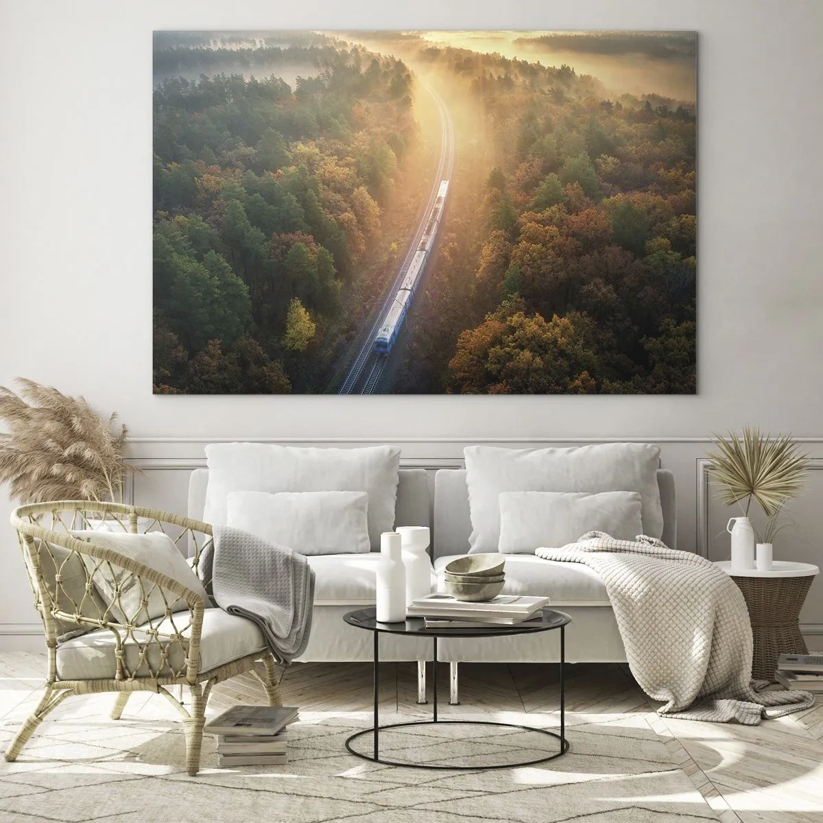Glasbild - Bild auf glas - Ein Zug in einer malerischen Herbstlandschaft, voller Wärme und Nostalgie - 70x50cm - Herbstreise - Moderne Wanddekoration für Wohnzimmer und Schlafzimmer ARTTOR