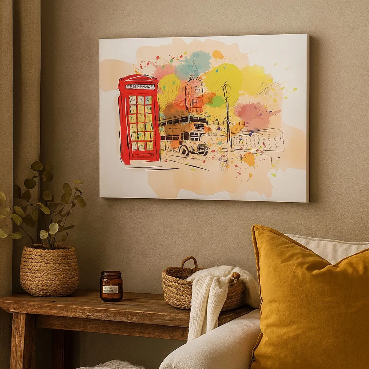 Bild auf Leinwand - Leinwandbild - London-Thema mit rotem Bus und Stand - 70x50cm - Die Stadt der Vielfalt - Moderne Wanddekoration für Wohnzimmer und Schlafzimmer ARTTOR
