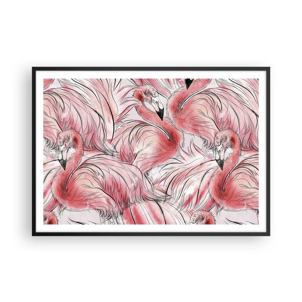 Poster in einem schwarzem Rahmen - Zarte Zeichnungen von rosa Flamingos - 100x70cm - Bird Corps de Ballet - Moderne Wanddekoration für Wohnzimmer und Schlafzimmer ARTTOR