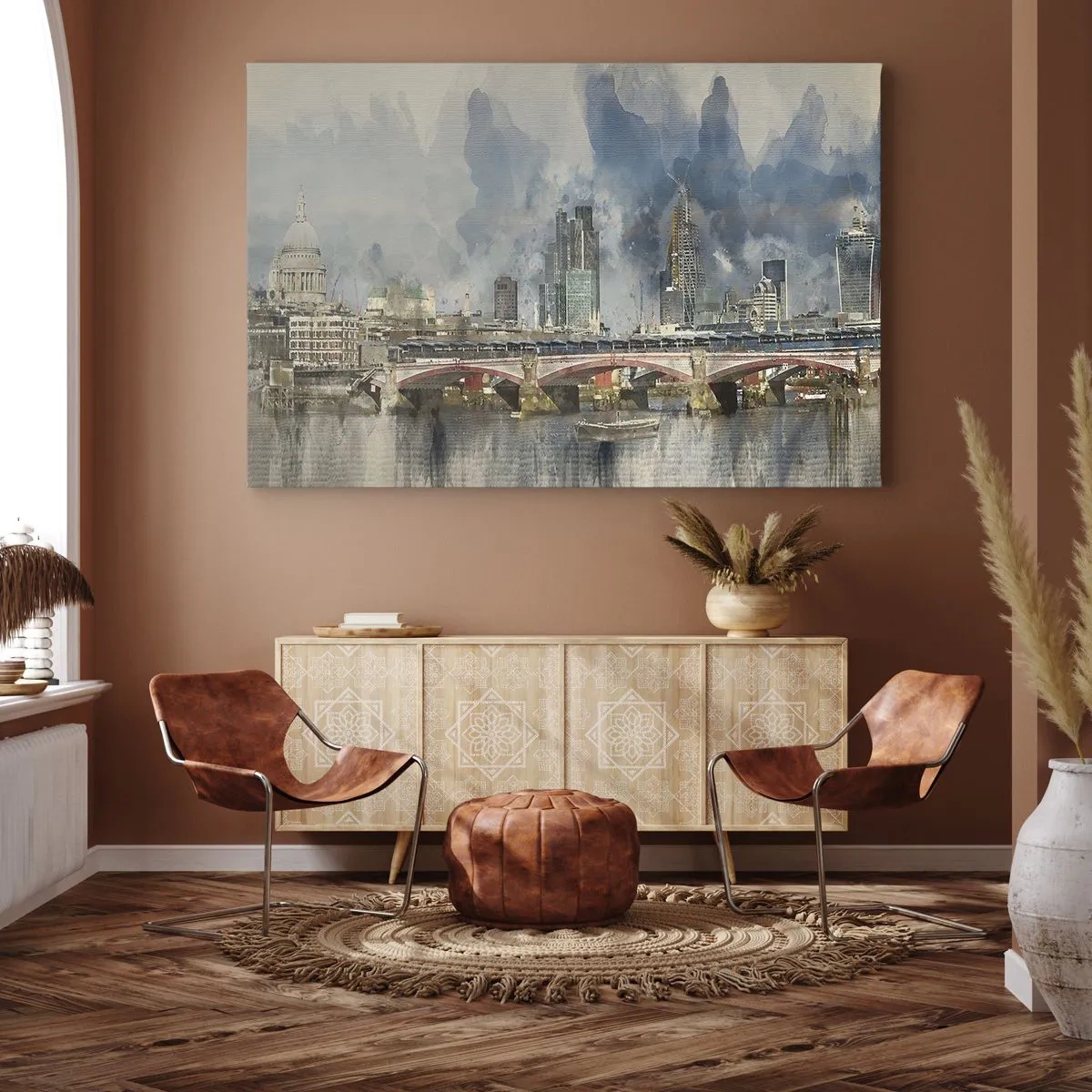 Bild auf Leinwand - Leinwandbild - Aquarellansicht der Brücke und der Skyline der Stadt - 120x80cm - London in seiner ganzen Pracht - Moderne Wanddekoration für Wohnzimmer und Schlafzimmer ARTTOR