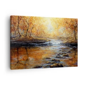 Bild auf Leinwand - Leinwandbild - Herbstlandschaft mit einem Fluss zwischen den Bäumen - 70x50cm - Der goldene Strom - Moderne Wanddekoration für Wohnzimmer und Schlafzimmer ARTTOR