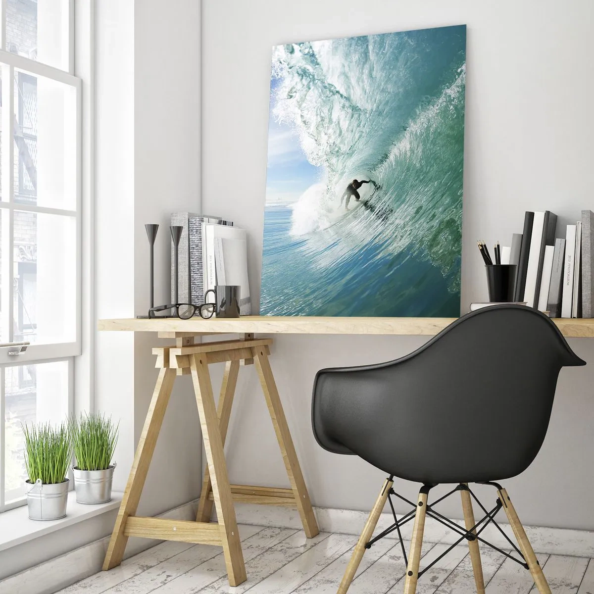 Glasbild - Bild auf glas - Ein Surfer reitet eine Welle im Sonnenlicht vor blauem Himmel - 70x100cm - Immer Top - Moderne Wanddekoration für Wohnzimmer und Schlafzimmer ARTTOR