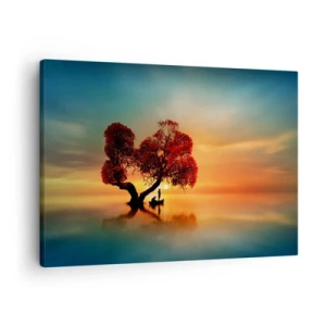 Bild auf Leinwand - Leinwandbild - Ein rotblättriger Baum und ein Boot auf dem Wasser bei Sonnenuntergang - 70x50cm - Oddaysons und die Stille der Weltlosen - Moderne Wanddekoration für Wohnzimmer und Schlafzimmer ARTTOR