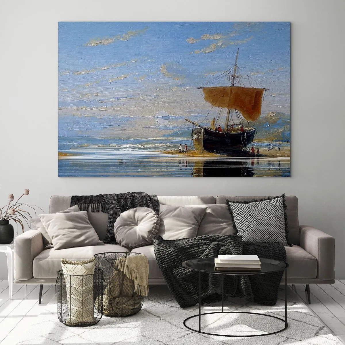 Glasbild - Bild auf glas - Ein Schiff mit Segel am Ufer im malerischen Stil - 120x80cm - Wasser, Land, Luft - Moderne Wanddekoration für Wohnzimmer und Schlafzimmer ARTTOR