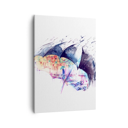 Bild auf Leinwand - Leinwandbild - Eine bunte Stadt, versteckt unter abstrakten Regenschirmen - 50x70cm - Im Regen spazieren gehen - Moderne Wanddekoration für Wohnzimmer und Schlafzimmer ARTTOR
