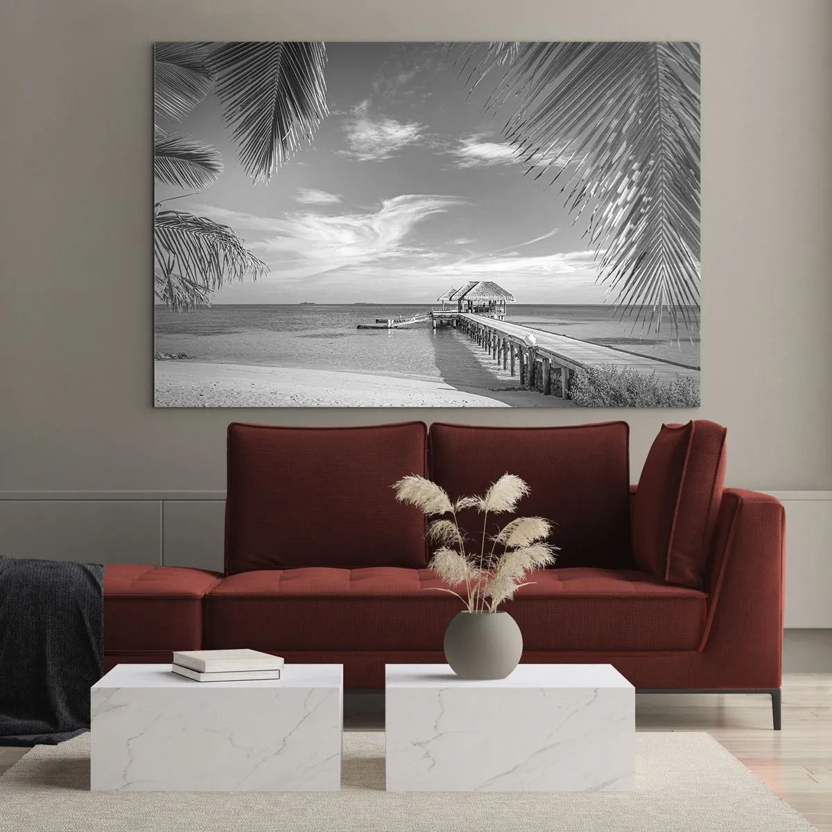 Glasbild - Bild auf glas - Schwarz-Weiß-Aufnahme eines tropischen Strandes mit einem Steg - 70x50cm - Erinnerung oder Traum? - Moderne Wanddekoration für Wohnzimmer und Schlafzimmer ARTTOR