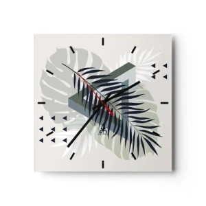 Wanduhr - Glasuhr - Geometrische Komposition mit tropischen Blättern in Grüntönen - 30x30cm - Natur und Geometrie – zwei Ordnungen? - Moderne Wanddekoration für Wohnzimmer und Schlafzimmer ARTTOR