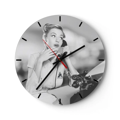 Wanduhr - Glasuhr - Frau mit Retro-Telefon an einer Schreibmaschine - 30x30cm - Hallo, wir sind in den 1950er Jahren. - Moderne Wanddekoration für Wohnzimmer, Küche und Schlafzimmer ARTTOR