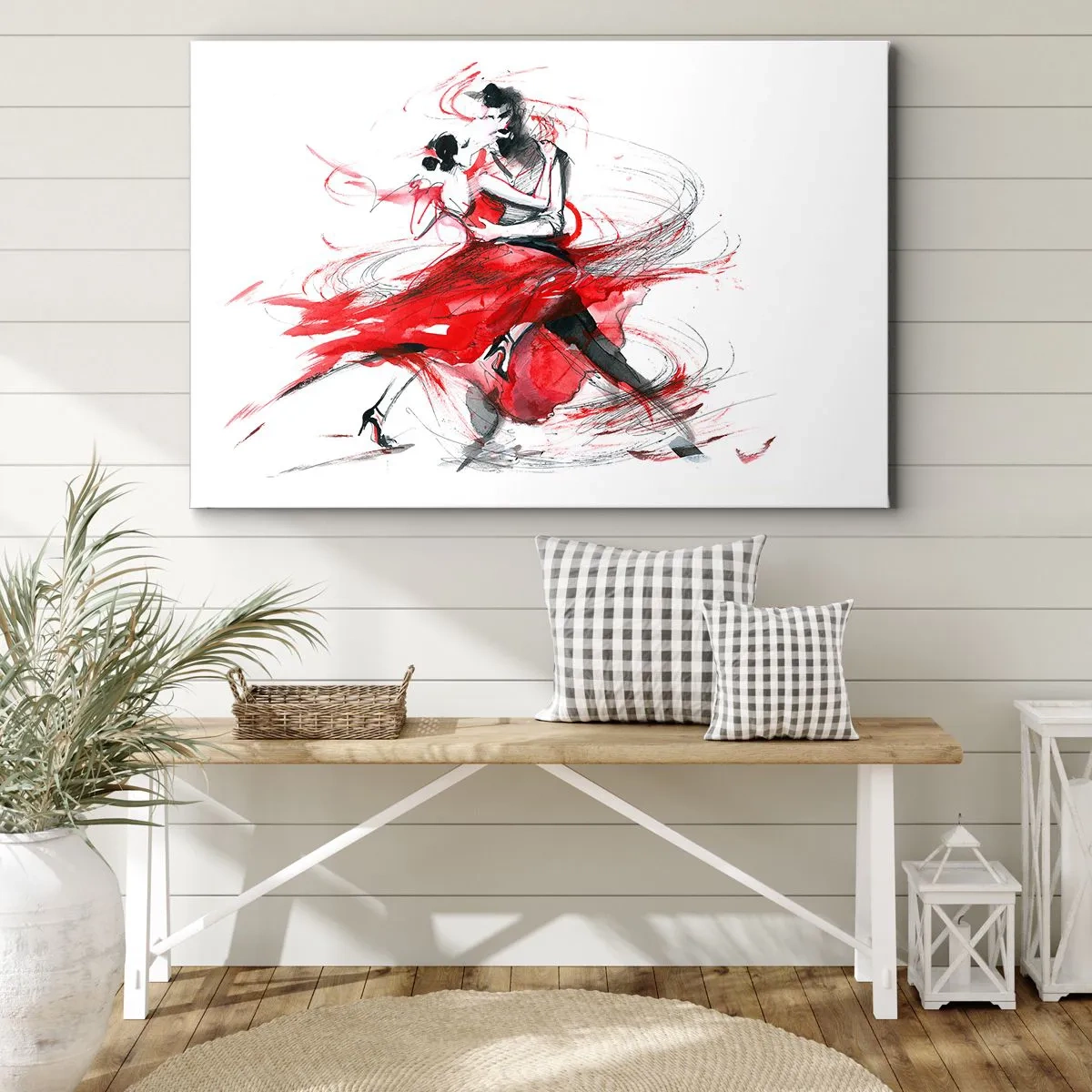 Bild auf Leinwand - Leinwandbild - Tänzer in einem dynamischen Tanz mit roten Akzenten - 70x50cm - Tango – der Rhythmus der Leidenschaft - Moderne Wanddekoration für Wohnzimmer und Schlafzimmer ARTTOR