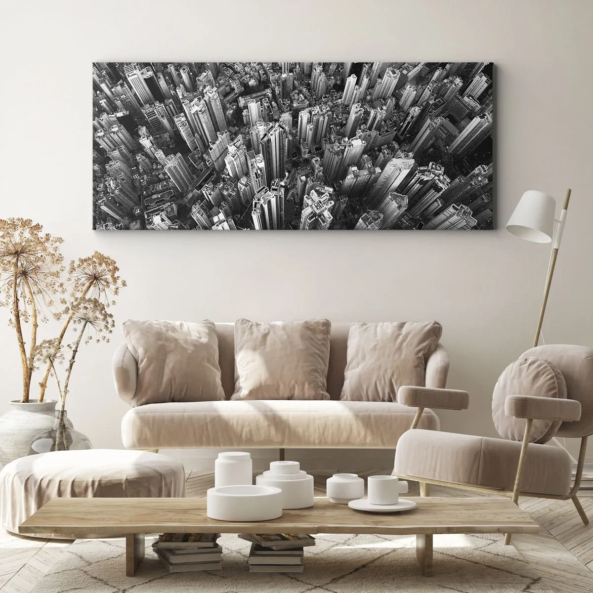 Bild auf Leinwand - Leinwandbild - Schwarz-weiße Vogelperspektive der Stadt - 160x50cm - Immer höher und höher - Moderne Wanddekoration für Wohnzimmer und Schlafzimmer ARTTOR