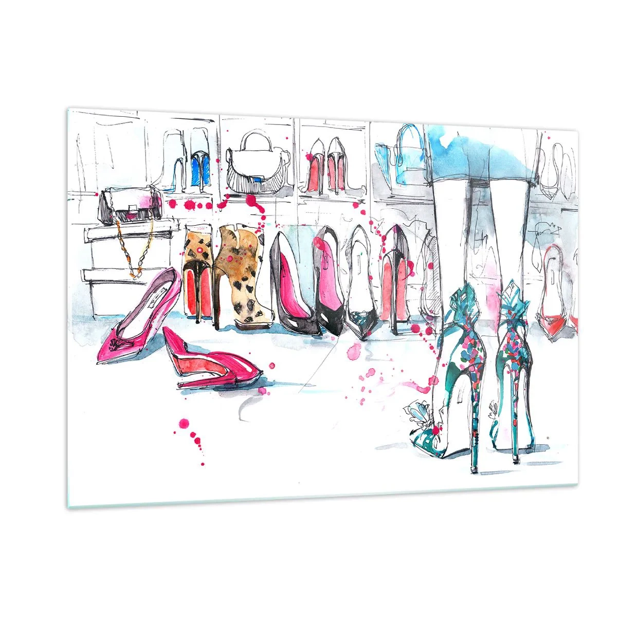 Glasbild - Bild auf glas - Illustration von eleganten High Heels in einem Geschäft - 120x80cm - Sesam, mach auf - Moderne Wanddekoration für Wohnzimmer und Schlafzimmer ARTTOR