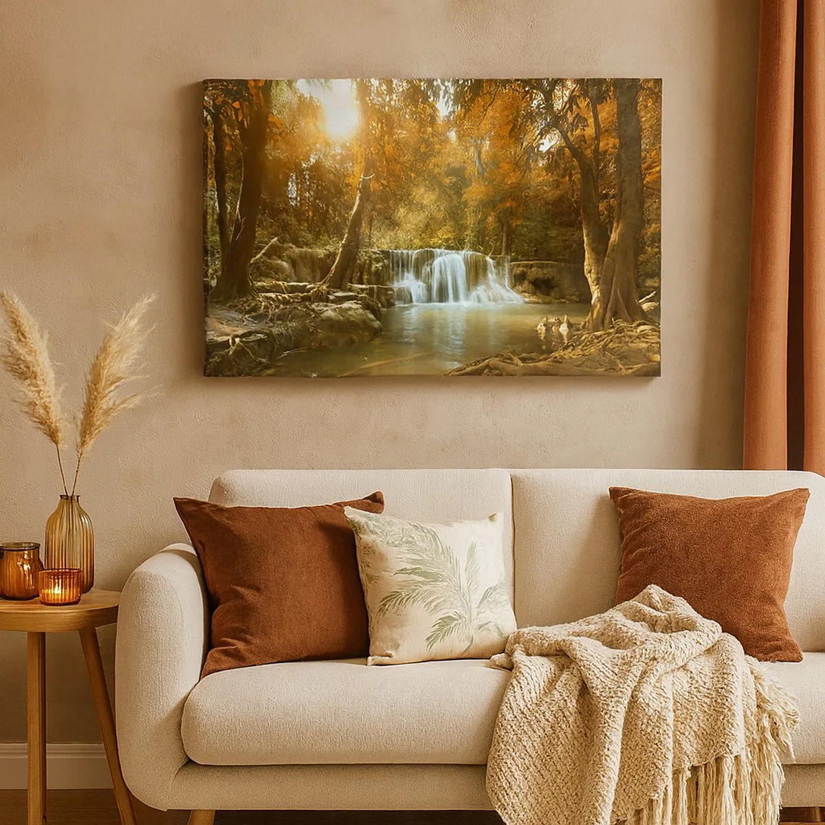 Bild auf Leinwand - Leinwandbild - Herbstlandschaft mit Wasserfall - 70x50cm - Parkkaskade - Moderne Wanddekoration für Wohnzimmer und Schlafzimmer ARTTOR