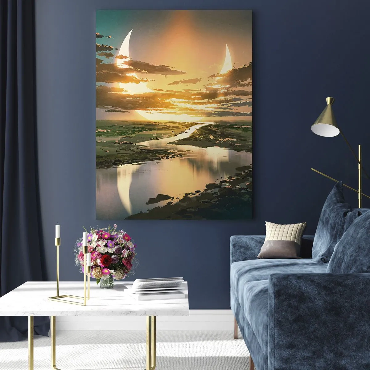 Glasbild - Bild auf glas - Eine fantastische Landschaft mit einem Doppelmond über dem Fluss - 50x70cm - Irgendwo in einer weit, weit entfernten Galaxie - Moderne Wanddekoration für Wohnzimmer und Schlafzimmer ARTTOR