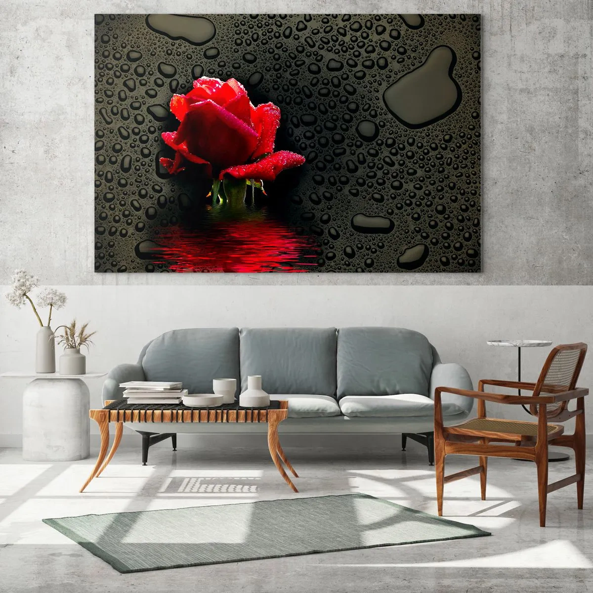 Glasbild - Bild auf glas - Rote Rose mit Wassertropfen auf dunklem Hintergrund - 120x80cm - rot und Schwarz - Moderne Wanddekoration für Wohnzimmer und Schlafzimmer ARTTOR