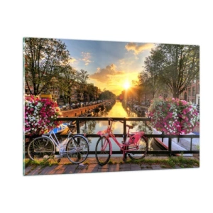 Glasbild - Bild auf glas - Sonnenuntergang über dem Kanal mit Fahrrädern im Hintergrund - 120x80cm - Frühlingsmorgen in Amsterdam - Moderne Wanddekoration für Wohnzimmer und Schlafzimmer ARTTOR