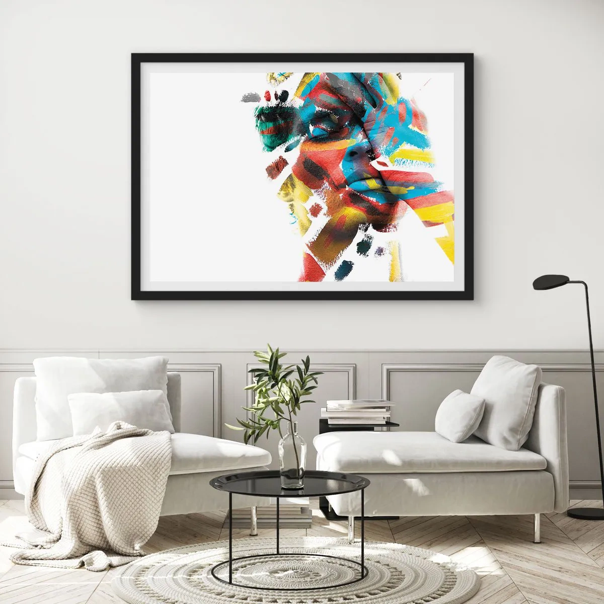Poster in einem schwarzem Rahmen - Abstraktes Porträt in lebendigen Farben - 70x50cm - Eine bunte Persönlichkeit - Moderne Wanddekoration für Wohnzimmer und Schlafzimmer ARTTOR