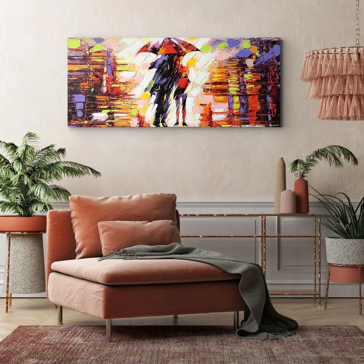 Bild auf Leinwand - Leinwandbild - Eine abstrakte Szene eines Spaziergangs unter einem Regenschirm in einer regnerischen Nacht. - 160x50cm - Gemeinsam durch die Nacht und den Regen - Moderne Wanddekoration für Wohnzimmer und Schlafzimmer ARTTOR
