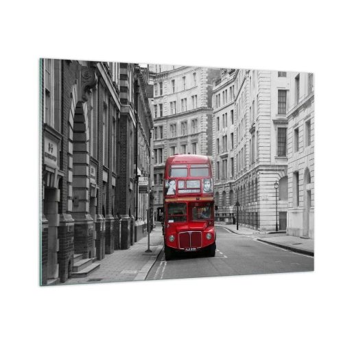 Glasbild - Bild auf glas - Ein roter Bus durch die einfarbigen Straßen der Stadt - 100x70cm - Der Alltag muss nicht grau sein - Moderne Wanddekoration für Wohnzimmer und Schlafzimmer ARTTOR