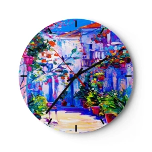 Wanduhr - Glasuhr - Ein bezaubernder Innenhof voller Blumen in intensiven Farben - 30x30cm - Impresja - eine italienische Straße - Moderne Wanddekoration für Wohnzimmer, Küche und Schlafzimmer ARTTOR