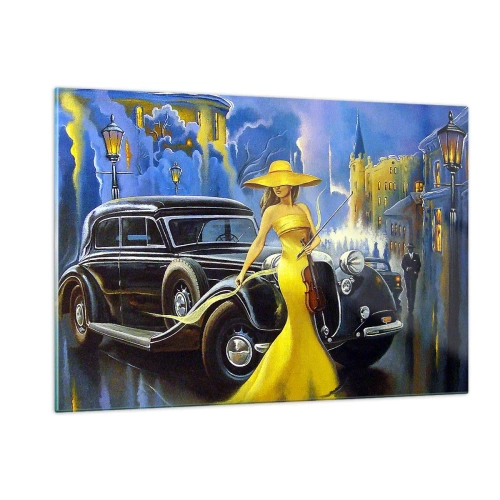 Glasbild - Bild auf glas - Eine Frau in einem gelben Kleid neben einem Oldtimer - 120x80cm - Nocturne für Violine und Liebe - Moderne Wanddekoration für Wohnzimmer und Schlafzimmer ARTTOR