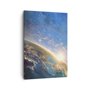 Bild auf Leinwand - Leinwandbild - Blick auf die Erde aus dem Weltraum bei Sonnenaufgang - 50x70cm - Schauen wir uns aus der Ferne an - Moderne Wanddekoration für Wohnzimmer und Schlafzimmer ARTTOR