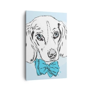 Bild auf Leinwand - Leinwandbild - Entzückende Grafik eines Hundes mit Fliege auf pastellfarbenem Hintergrund - 80x120cm - Hunde-Eleganz - Moderne Wanddekoration für Wohnzimmer und Schlafzimmer ARTTOR