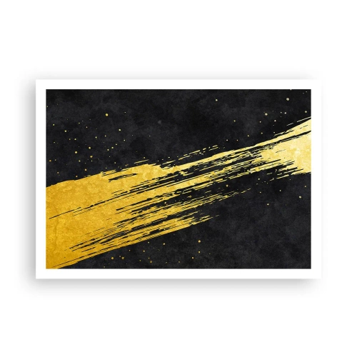 Poster - Schwarzer Hintergrund mit dynamischen goldenen Pinselstrichen - 100x70cm - Sprung in den Hyperraum - Moderne Wanddekoration für Wohnzimmer und Schlafzimmer ARTTOR