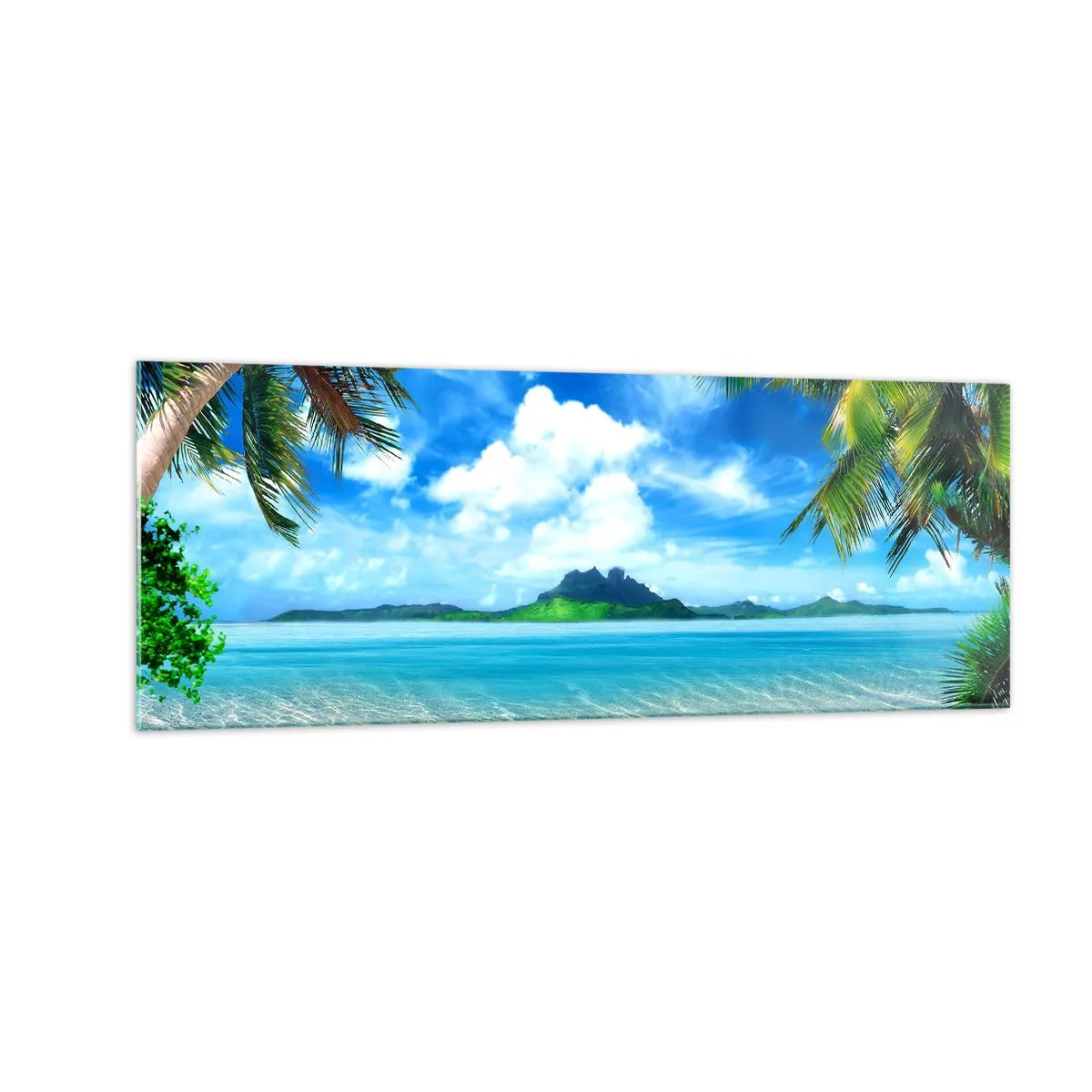 Glasbild - Bild auf glas - Tropischer Strand mit Palmen und Blick auf die Insel - 140x50cm - Das Azurblau der Tropen - Moderne Wanddekoration für Wohnzimmer und Schlafzimmer ARTTOR