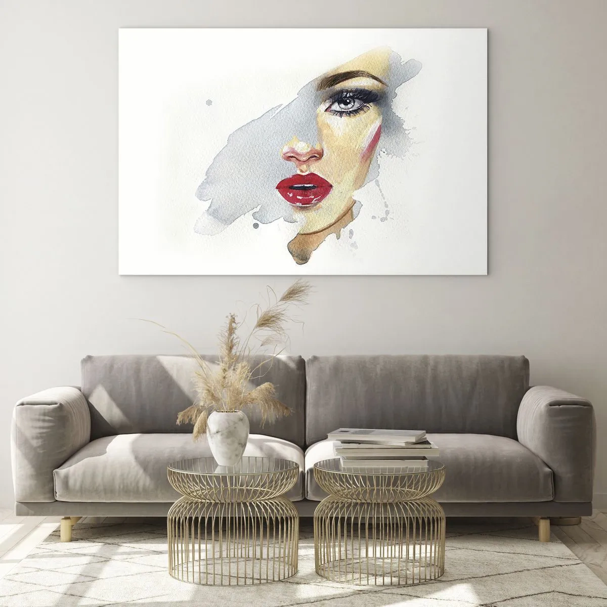 Glasbild - Bild auf glas - Aquarellporträt einer Frau mit roten Lippen - 120x80cm - Abspiegeln in einem Wassertropfen - Moderne Wanddekoration für Wohnzimmer und Schlafzimmer ARTTOR