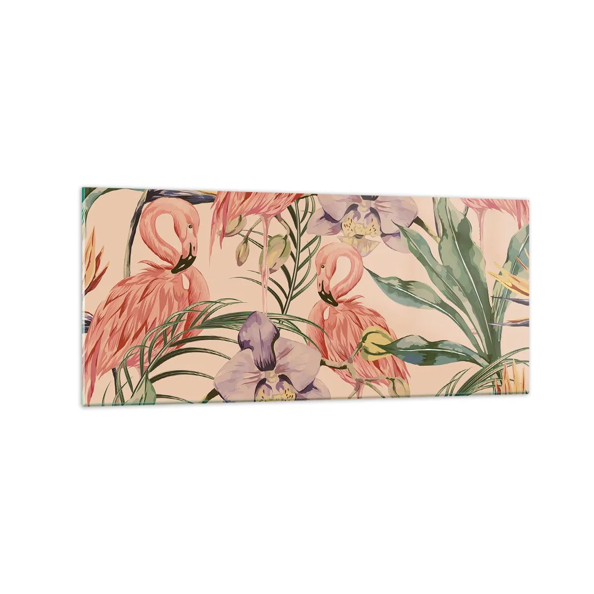 Glasbild - Bild auf glas - Flamingos und tropische Blumen auf hellem Hintergrund - 120x50cm - Rosa Ballett in Blumen - Moderne Wanddekoration für Wohnzimmer und Schlafzimmer ARTTOR