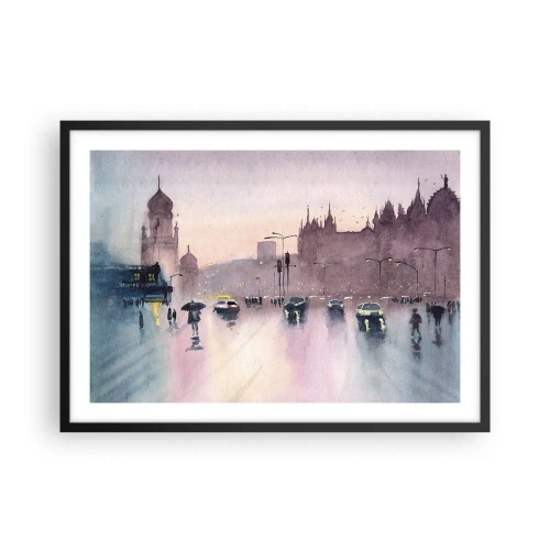 Poster in einem schwarzem Rahmen - Eine Stadtstraße in der Abenddämmerung im Aquarellstil - 70x50cm - Im regnerischen Dunst - Moderne Wanddekoration für Wohnzimmer und Schlafzimmer ARTTOR