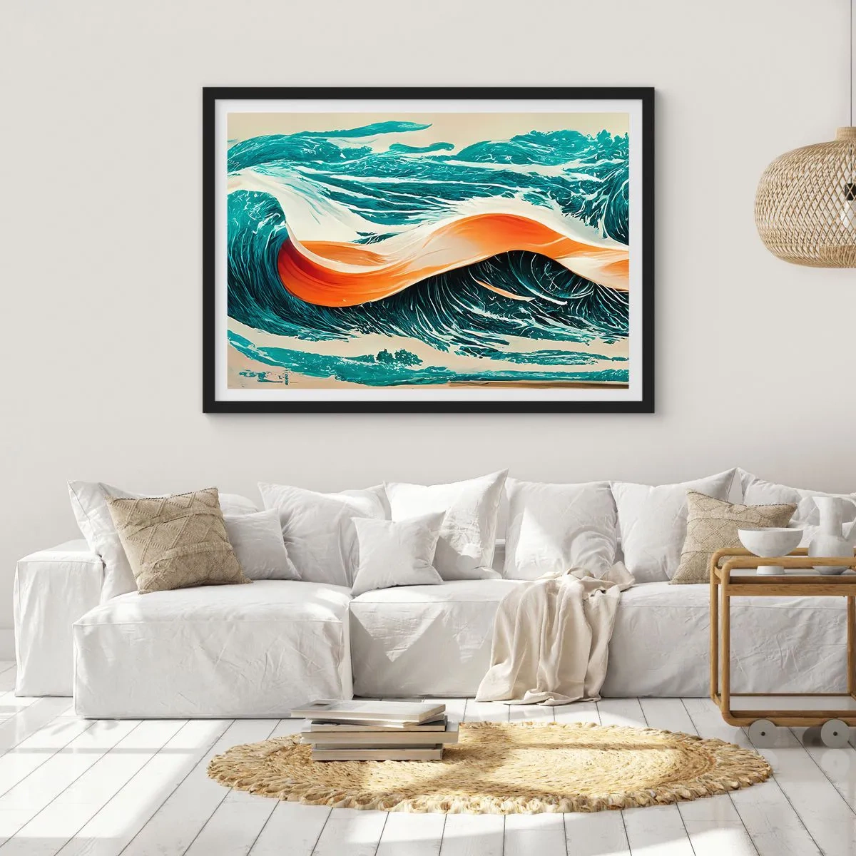 Poster in einem schwarzem Rahmen - Dynamische Meereswellen mit abstraktem Band - 100x70cm - Traum eines Surfers - Moderne Wanddekoration für Wohnzimmer und Schlafzimmer ARTTOR