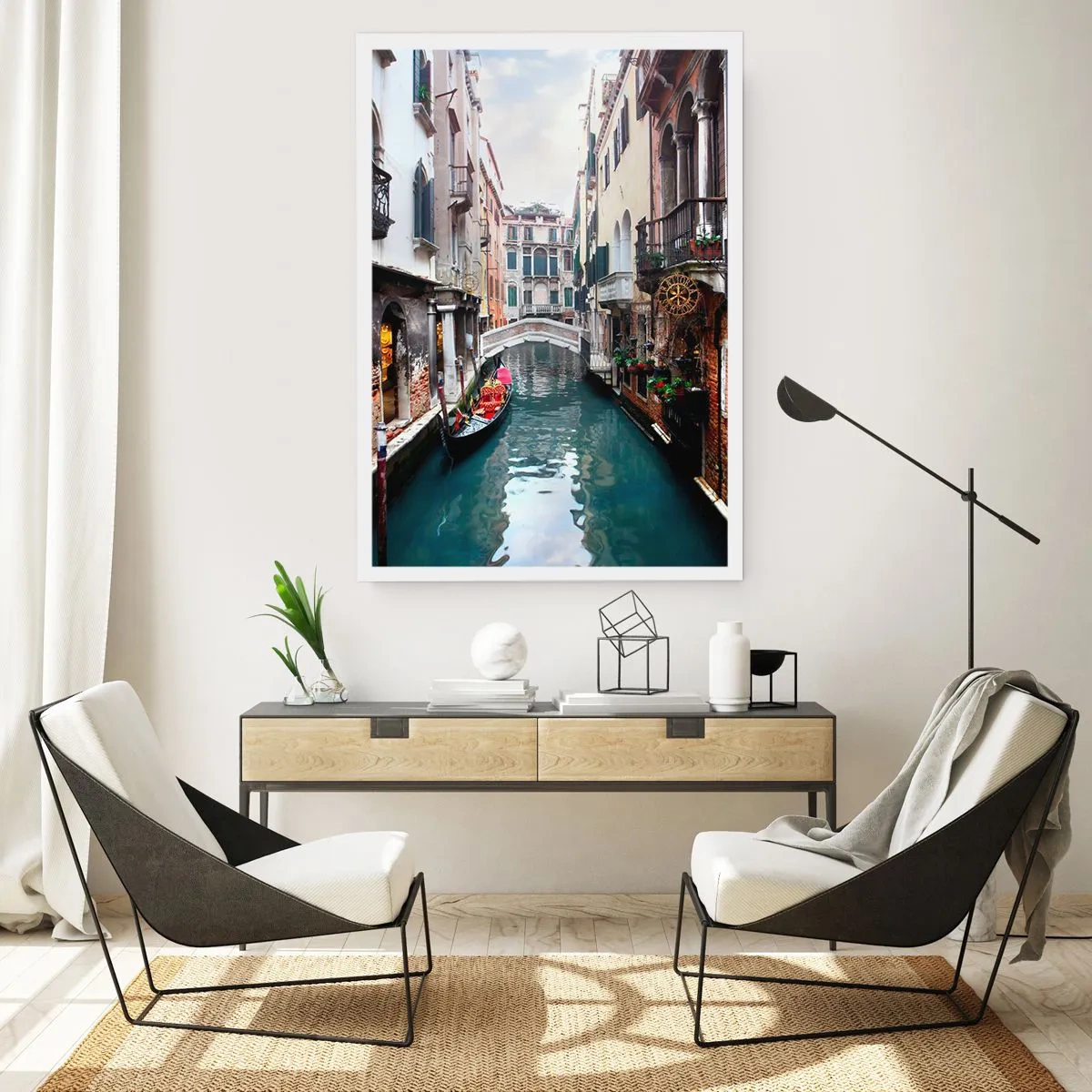 Poster - Venezianische Landschaft mit Gondel und Brücke - 61x91 cm