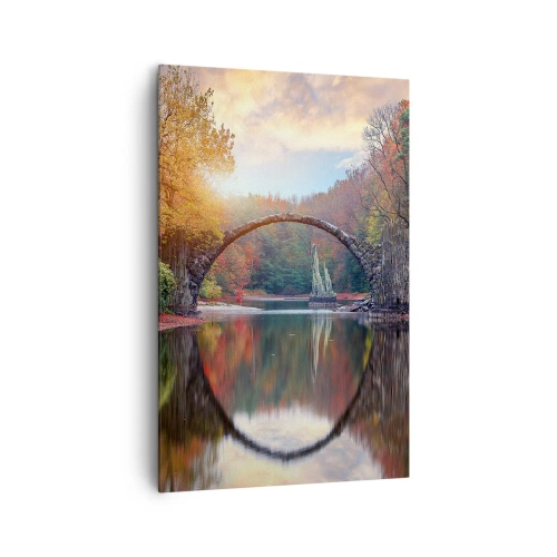 Bild auf Leinwand - Leinwandbild - Eine Steinbrücke in einer Herbstlandschaft über ruhigem Wasser - 80x120cm - Auf der anderen Seite des Spiegels - Moderne Wanddekoration für Wohnzimmer und Schlafzimmer ARTTOR