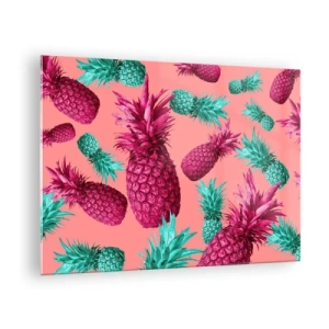 Glasbild - Bild auf glas - Bunte Ananas in Rosa- und Grüntönen auf rosa Hintergrund - 70x50cm - Freiheit ist süß - Moderne Wanddekoration für Wohnzimmer und Schlafzimmer ARTTOR