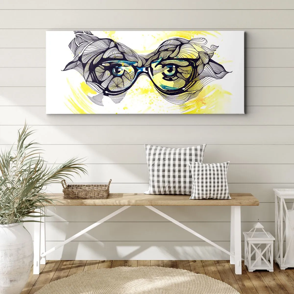 Bild auf Leinwand - Leinwandbild - Künstlerische Grafik einer Brille mit ausdrucksstarken Augen - 120x50cm - Durch blaue Brille - Moderne Wanddekoration für Wohnzimmer und Schlafzimmer ARTTOR
