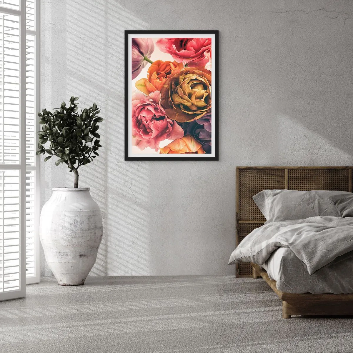 Poster in einem schwarzem Rahmen - Bunte Pfingstrosenblüten in künstlerischer Umsetzung - 50x70cm - Eine Feier des Lebens - Moderne Wanddekoration für Wohnzimmer und Schlafzimmer ARTTOR