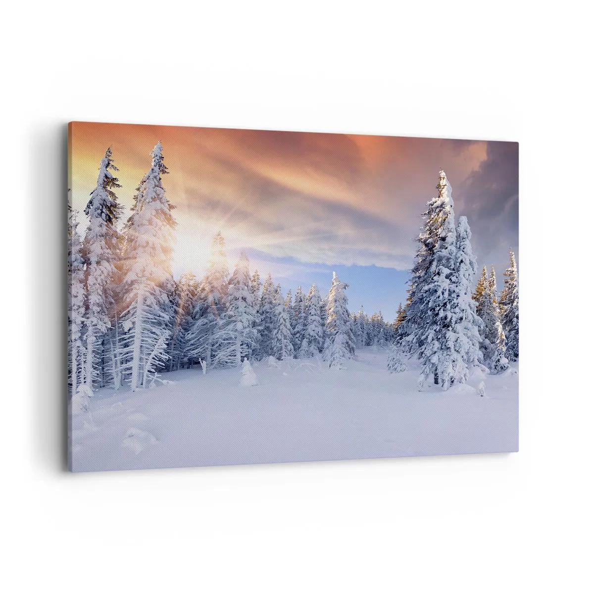 Bild auf Leinwand - Leinwandbild - Winterlandschaft mit schneebedecktem Wald bei Sonnenuntergang - 120x80cm - Ein verschneites Naturschauspiel - Moderne Wanddekoration für Wohnzimmer und Schlafzimmer ARTTOR