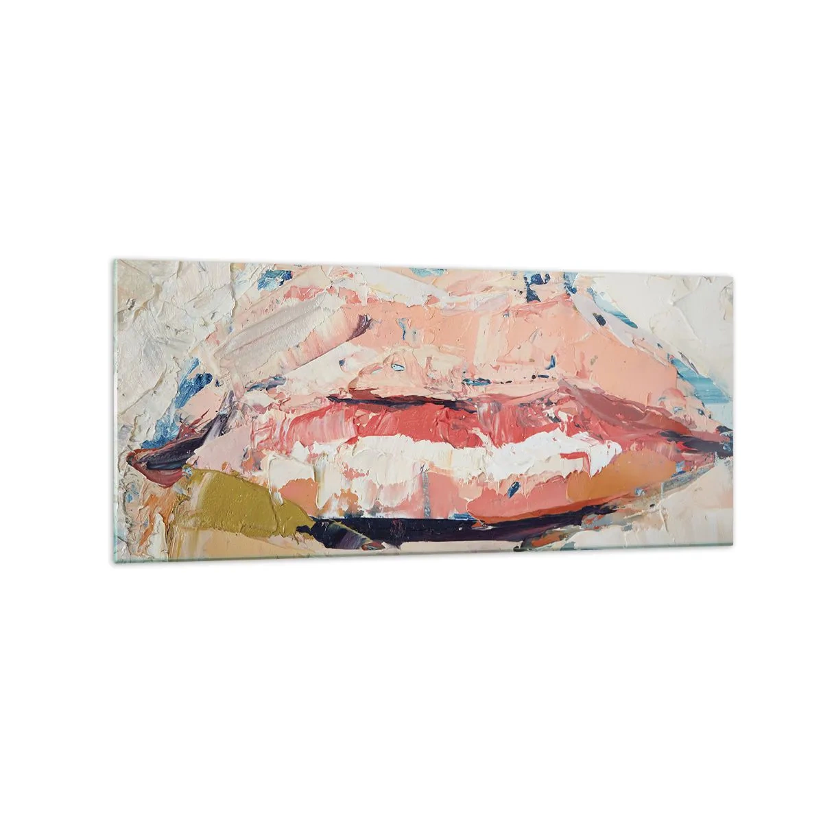 Glasbild - Bild auf glas - Eine abstrakte Komposition, die die Lippen einer Frau in Pastellfarben darstellt. - 120x50cm - Es weckt die Sinne - Moderne Wanddekoration für Wohnzimmer und Schlafzimmer ARTTOR